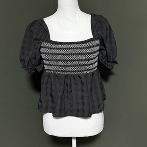 Dizzy Lizzy Black Smocked Puff Sleeve Top Women’s Small Square Neck Blouse
